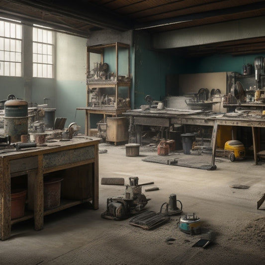 A messy industrial workshop with concrete floors, scattered power tools, and a variety of equipment like grinders, scarifiers, and edgers, surrounded by dust and debris.