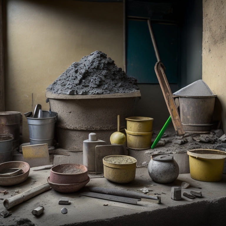 A cluttered construction site with a mix of new and worn concrete blocks, trowels, spirit levels, joint spacers, and a mortar mixing bucket in the foreground, surrounded by a half-laid wall.