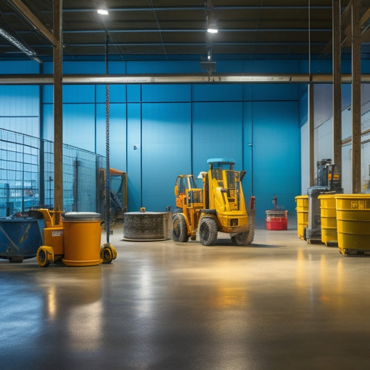 A well-lit, modern warehouse with a polished concrete floor reflecting equipment and tools, including a ride-on trowel, walk-behind grinder, and bucket of sealant, arranged in a circular pattern.