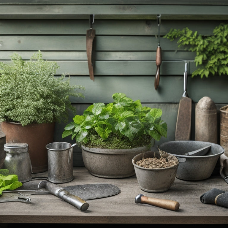 A rustic, weathered concrete planter overflowing with lush greenery, surrounded by essential tools: a trowel, pruning shears, gloves, and a watering can, on a wooden workbench amidst a garden backdrop.