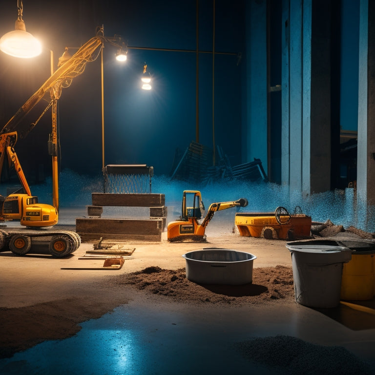 A well-lit, modern construction site with various tools and equipment scattered around, showcasing a freshly poured concrete slab with a smooth, glossy finish, surrounded by tamping tools, edgers, and a spirit level.