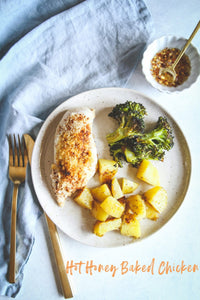An easy baked chicken dinner made on one sheet pan? Sign me up! This hot honey baked chicken with roasted broccoli and potatoes is such a great easy family meal to make, you’ll be making it on repeat!