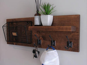 Rustic Entryway Coat Rack with Magazine Basket and Floating Shelf by KeoDecor