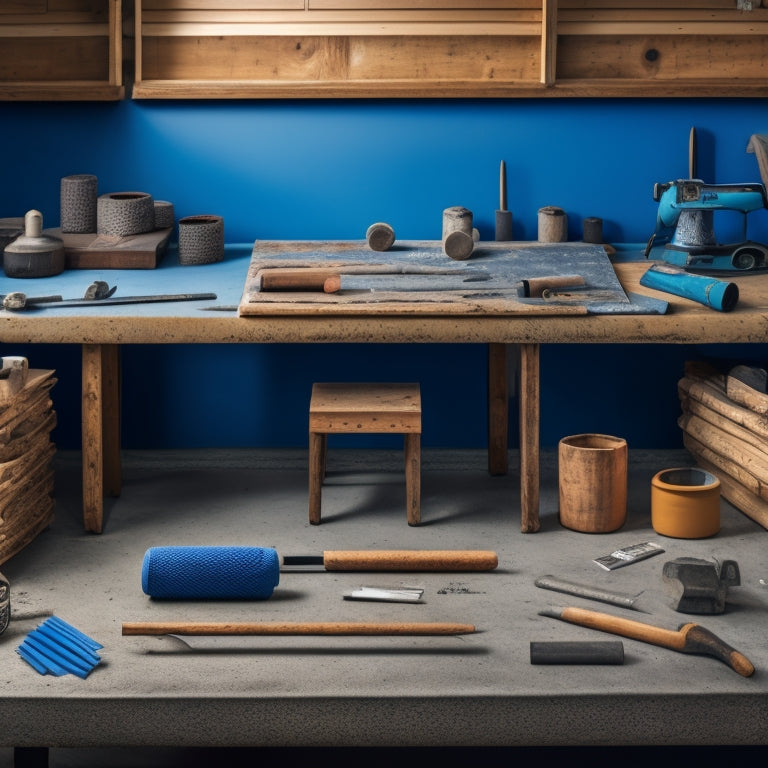 A well-organized workshop with various concrete stamping tools, including textured mats, patterned rollers, and tamping tools, arranged on a wooden workbench amidst a backdrop of gray concrete and scattered blueprints.