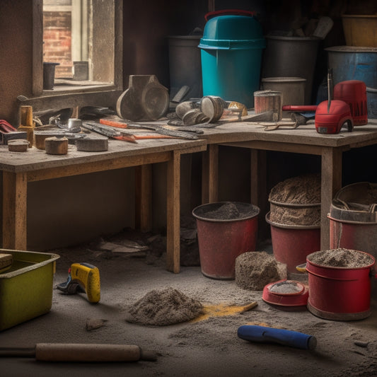 A cluttered workbench with cracked concrete samples, scattered tools, and a red bucket in the background, with a few essential concrete repair tools (trowel, scraper, and level) neatly organized in the foreground.