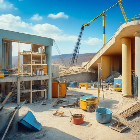 A cluttered construction site with a half-built concrete staircase, surrounded by various tools and equipment, including a mixer, trowels, levels, and safety gear, under a cloudy blue sky.