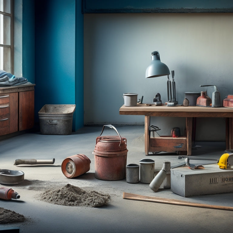 A clutter-free workshop background with a variety of concrete preparation tools arranged neatly, including a walk-behind concrete saw, a floor scraper, and a concrete mixer, all with subtle shadows and reflections.