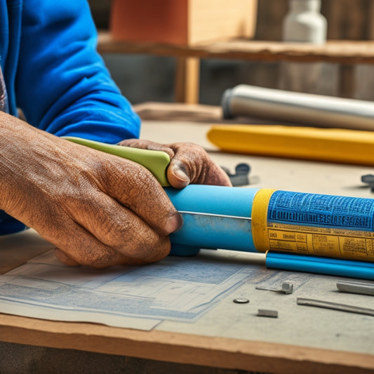 A close-up of a hand grasping a concrete adhesion tool, surrounded by scattered blueprints, wrenches, and scattered concrete dust, with a subtle hint of a construction site background.