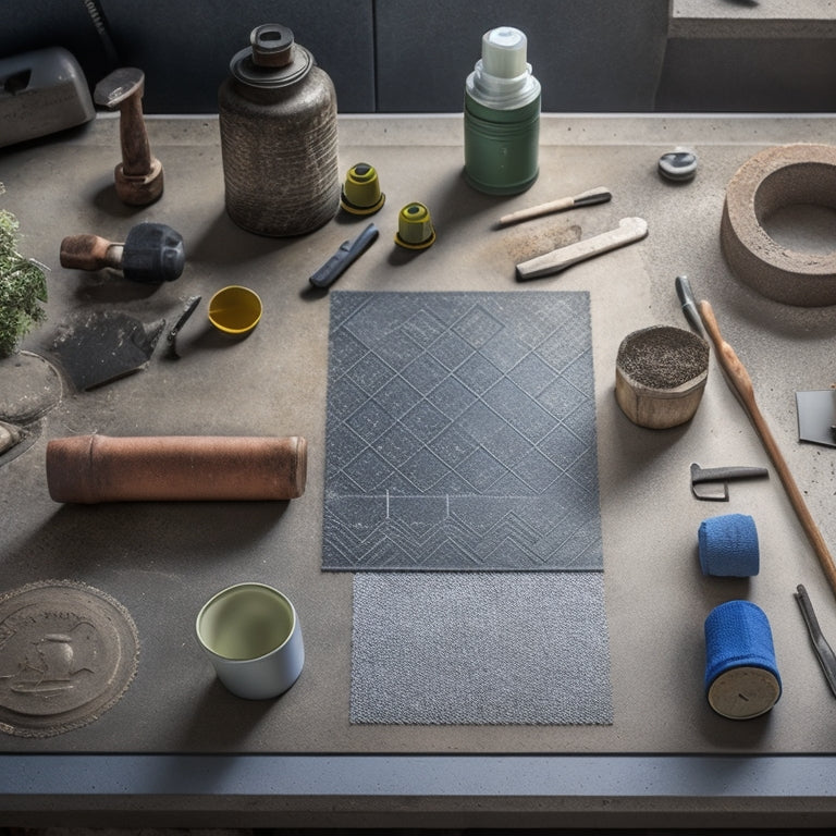 An image depicting a well-organized workspace with various tools and equipment, including a stamp pattern mat, tamping tool, and power trowel, surrounded by concrete samples and a subtle background of a completed stamped concrete patio.