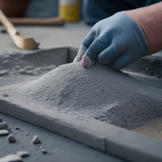 A close-up of a person's hands holding a trowel, with a mixture of wet cement and aggregate on it, next to a concrete block with a textured, rough, and irregular surface.