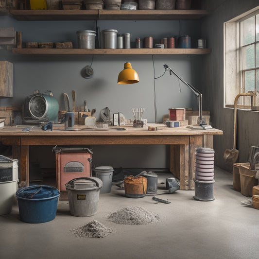 An organized workstation with a concrete floor in the background, surrounded by essential tools such as a grinder, trowel, edger, level, and mixing buckets, with a few scattered concrete samples.