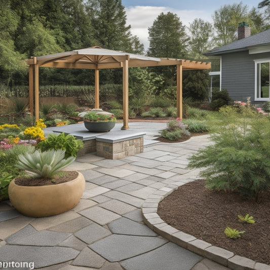 A scenic backyard with a newly constructed concrete patio, surrounded by lush greenery, featuring a trowel, level, and edger lying nearby, with a few pavers and a bucket of mixed concrete in the corner.