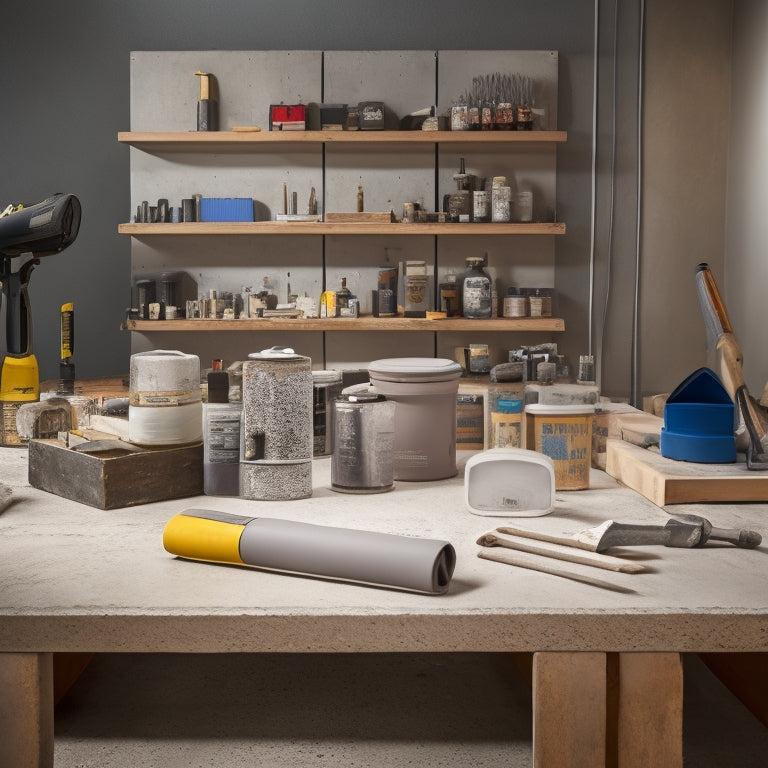 A photograph of a well-organized workshop with various concrete sealing tools, including a sprayer, roller, and brush, arranged on a table or shelf, surrounded by sealed concrete samples.