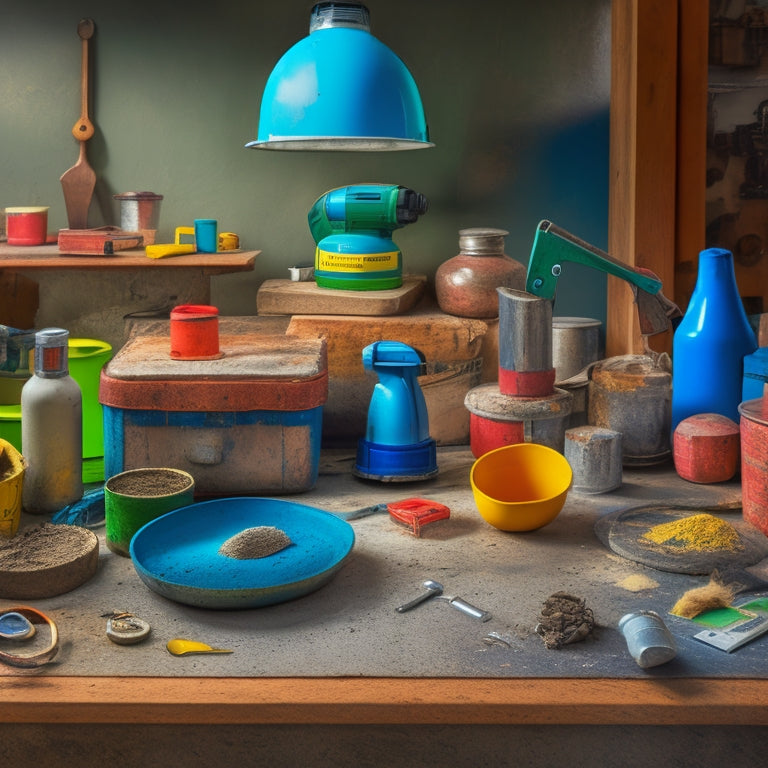 A cluttered workshop table with a variety of tools scattered around, including a concrete mixer, trowel, level, grinder, and edger, surrounded by concrete samples and color swatches.