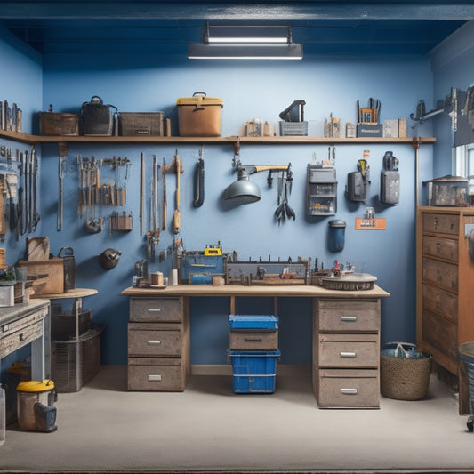 A tidy workshop with labeled bins, a pegboard with hung tools, a concrete mixer on a clean floor, and a large, organized toolbox with open drawers revealing neatly arranged equipment.