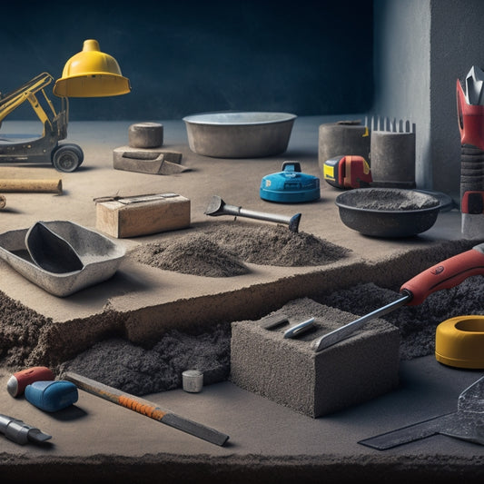 An illustration of a construction site with various tools and equipment scattered around a partially built concrete block foundation, featuring a trowel, level, and spirit level prominently.