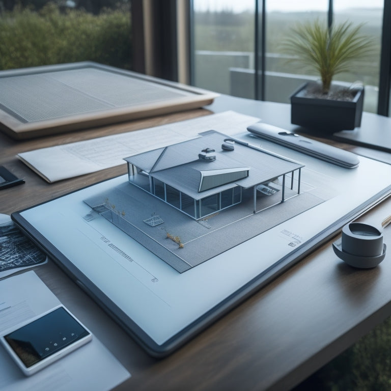 A futuristic tablet with a blueprint of a modern concrete house on the screen, surrounded by scattered design tools, pencils, and a miniature 3D model of the house on a sleek, minimalist desk.