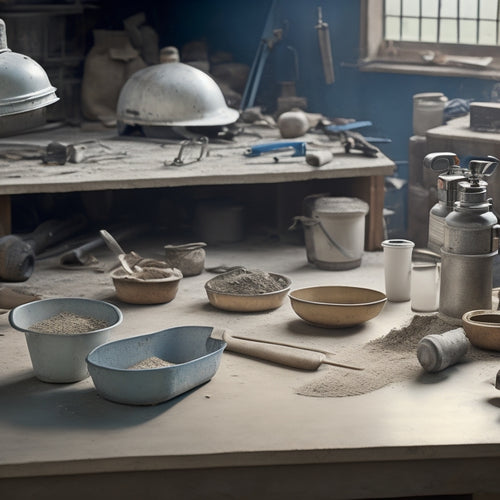 A cluttered workbench with a concrete mixer, trowel, level, and safety goggles scattered around a half-finished concrete slab, with a faint blueprint in the background.