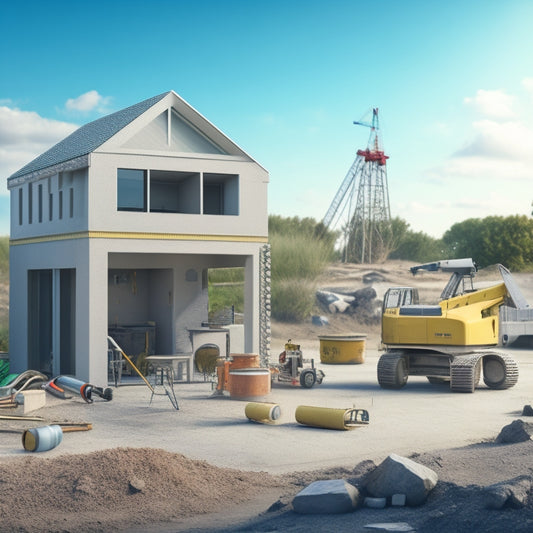 A realistic illustration of a partially constructed concrete house, with various tools and machinery scattered around the site, including a cement mixer, trowels, and a crane in the background.