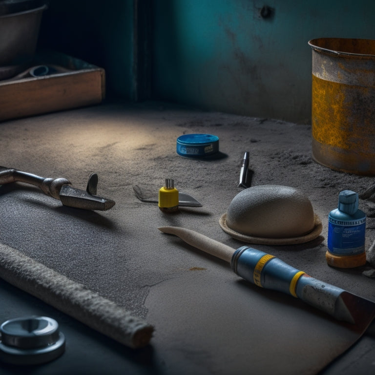 A dimly lit, close-up shot of a cracked concrete surface with various tools and materials scattered around, including a caulk gun, epoxy resin, and a putty knife, with a faint background of a construction site.