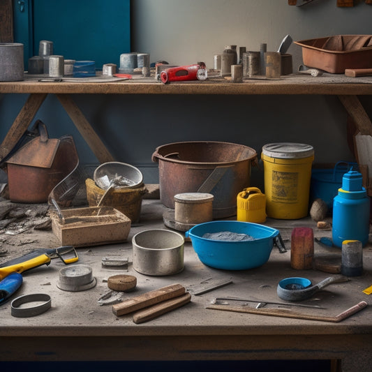 A cluttered workbench with a concrete crack repair kit, trowels, buckets, mixing sticks, safety goggles, and a measuring tape, surrounded by concrete fragments and scattered tools.