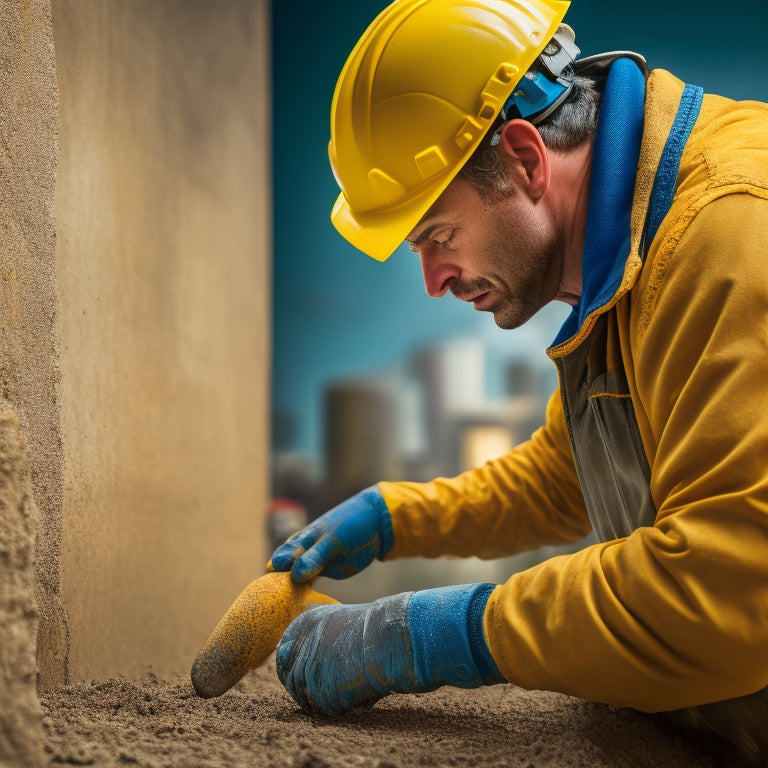 A close-up of a person wearing a yellow hard hat and gloves, holding a leveling tool and standing in front of a concrete foundation wall with visible cracks and unevenness.