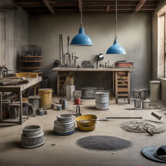 A cluttered workshop with a partially poured concrete floor, surrounded by various tools: a mixer, trowels, edgers, a level, a grinder, and a bucket of concrete, with a faint grid pattern in the background.