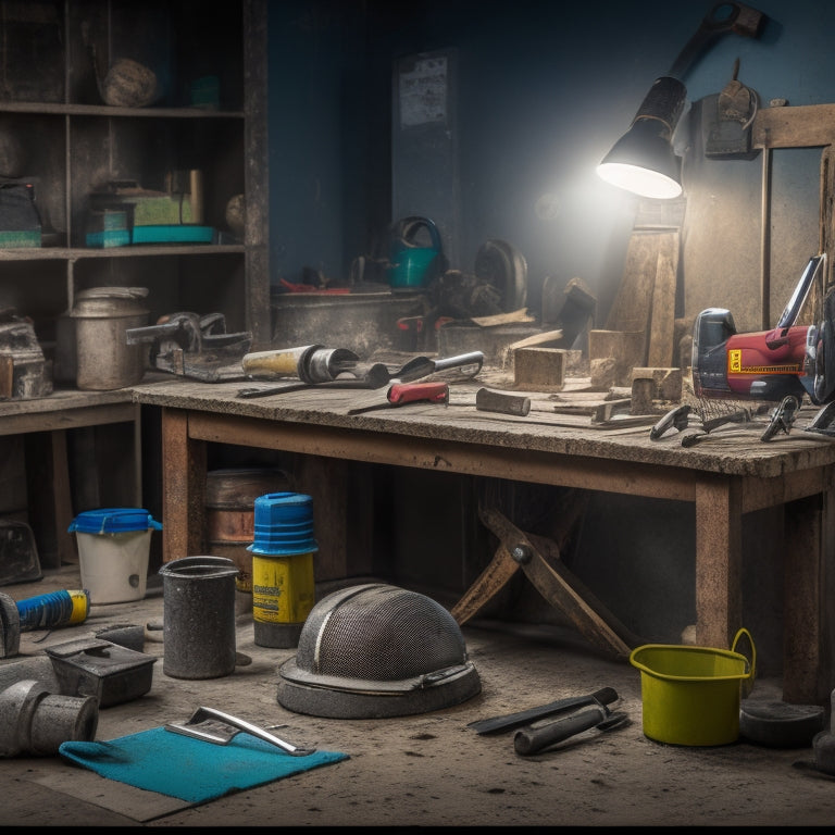 A cluttered workbench with a refurbished concrete block at its center, surrounded by scattered tools including a wire brush, trowel, safety goggles, and a bucket of mixed mortar, with a blurred power drill in the background.