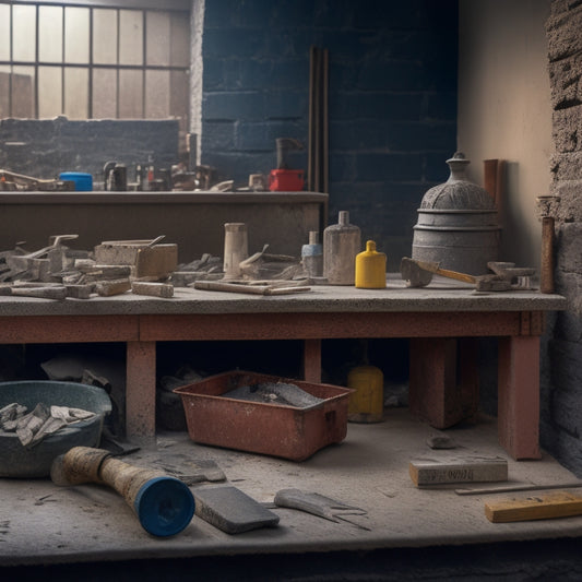 A cluttered workbench with various concrete block masonry tools, including trowels, levels, jointers, and hammers, surrounded by scattered concrete blocks and half-built walls in the background.