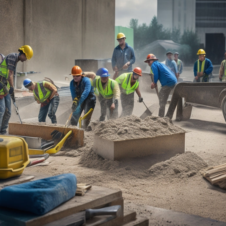 A cluttered construction site with various hand tools scattered around a freshly poured concrete slab, including a spirit level, trowel, edger, and jointer, with a blurred background of workers in action.