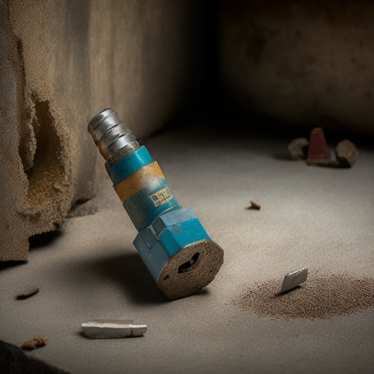 A worn, rusty concrete drill bit lies broken on a cracked, uneven concrete floor, surrounded by scattered debris, contrasted with a shiny, new drill bit and a filled, smooth concrete hole in the background.