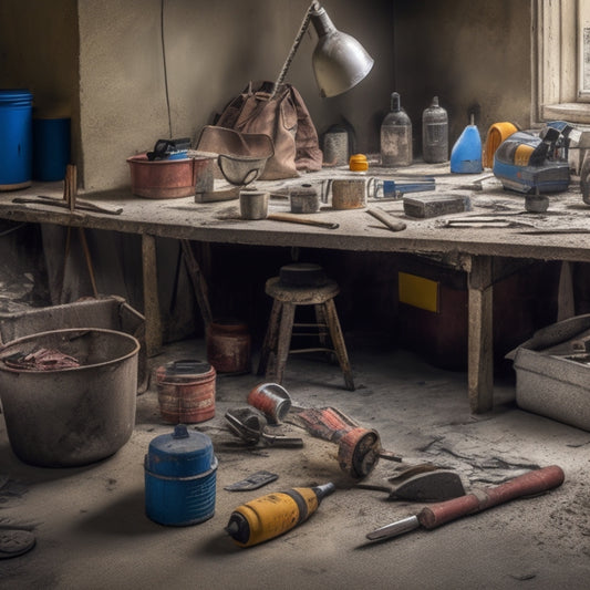 A cluttered workspace with a cracked concrete floor in the background, surrounded by various repair tools such as a drill, trowel, mixing bucket, and caulk gun, with a few concrete patches scattered around.