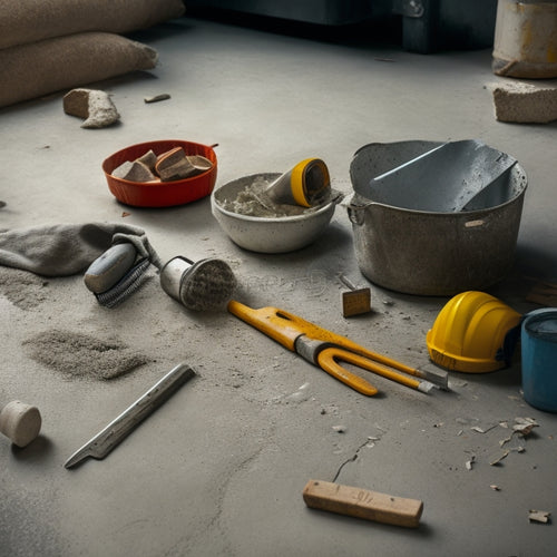 A messy concrete floor with small cracks, surrounded by scattered tools including a caulk gun, putty knife, chisel, hammer, and bucket of mixed concrete, with a few scattered concrete chips.