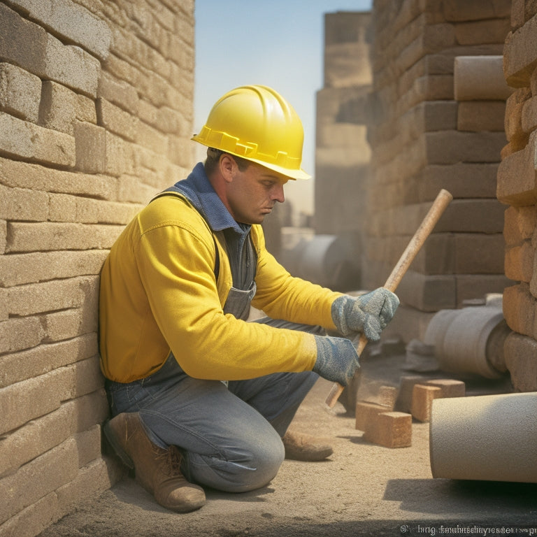 A photograph of a worker in a yellow hard hat and vest, surrounded by concrete blocks and masonry tools, with a partially built wall in the background and a level and trowel in the foreground.