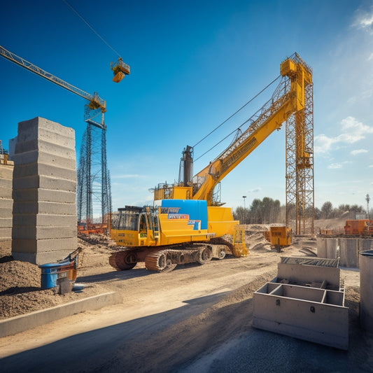 A gritty, high-contrast image featuring a well-organized construction site with concrete blocks, tools, and machinery, including a mixer, trowels, levels, and a crane, set against a bright blue sky.