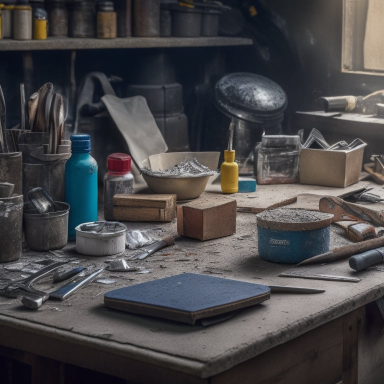 A cluttered workbench with various tools and materials, including a caulk gun, trowel, putty knife, and concrete filler tubes, surrounded by crumpled paper and scattered concrete debris.