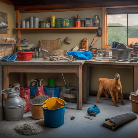 A cluttered workbench with various concrete tools scattered around, including a trowel, edger, jointer, and level, surrounded by concrete mix bags, gloves, and a bucket, with a blurred background of a garage or workshop.