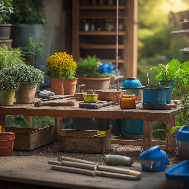 A cluttered workbench with a concrete planter in progress, surrounded by tools like trowels, mixing buckets, safety goggles, and a drill, with a blurred background of a garden or outdoor setting.