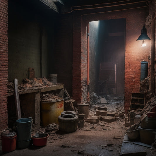 A cluttered, dimly lit alleyway with a narrow concrete stairwell, cracked and worn, surrounded by rusty pipes and old brick walls, with a handheld demolition hammer and chisels scattered around.