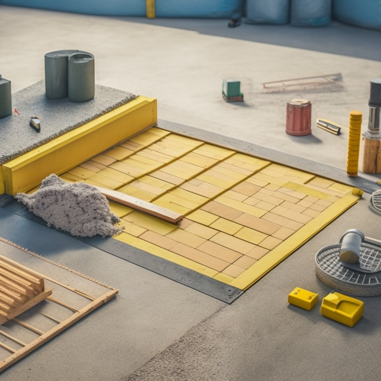 A clutter-free construction site backdrop with a mix of concrete blocks, a level, trowel, jointer, and a spirit level arranged in an organized, angled composition, with a faint grid pattern on the ground.