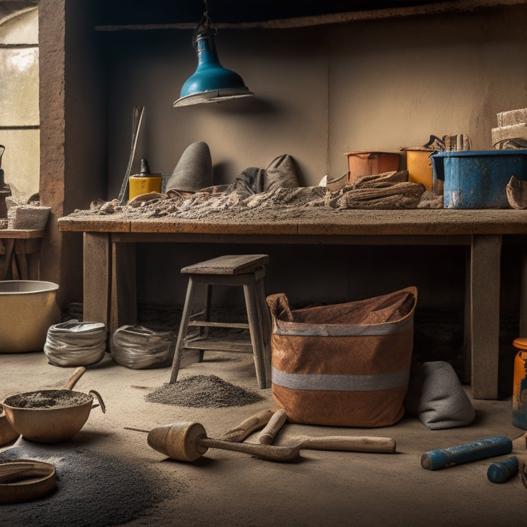 A messy workshop background with a set of DIY concrete tools, such as trowels, edgers, and floats, arranged on a wooden workbench, surrounded by scattered concrete mix bags and a half-finished concrete project.