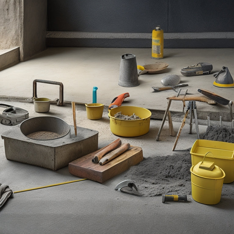 A well-organized work site with a variety of tools laid out, including a spirit level, trowel, and mixing buckets, surrounded by freshly poured concrete with a slight sheen.