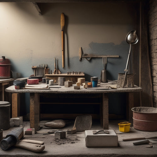 A cluttered workshop table with a variety of hand tools, including trowels, jointers, and levels, surrounded by concrete blocks, mortar, and a partially built block wall in the background.