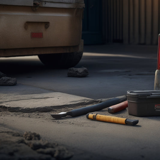 A cracked sidewalk or driveway with a toolbox in the foreground, containing a level, trowel, and other high-quality concrete repair tools, with a blurred-out cityscape in the background.