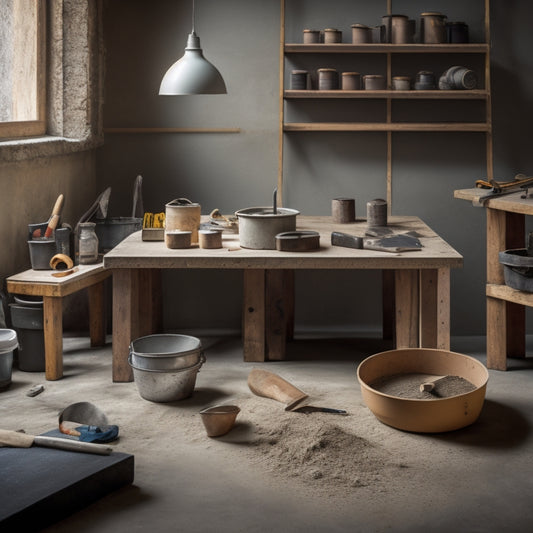 A well-organized workshop with a concrete mixing bucket, trowel, edger, and finishing tools laid out on a wooden workbench, surrounded by a partially finished concrete floor with subtle texture and sheen.