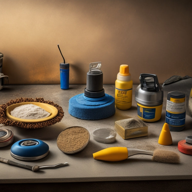 An image depicting a variety of tools, including a scraper, grinder, and solvent, arranged on a concrete surface with a partially removed sealant, surrounded by scattered sealant remnants and concrete dust.