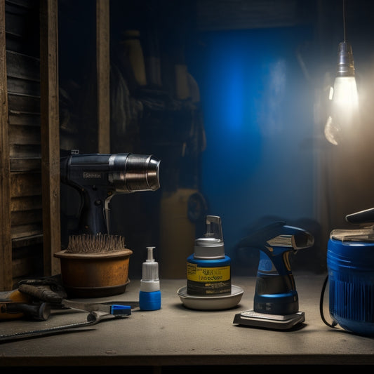 A dimly lit, cluttered workshop background with three central tools: a spray gun with a long, curved nozzle, a handheld caulk gun with a rounded tip, and a brush with stiff, angled bristles.