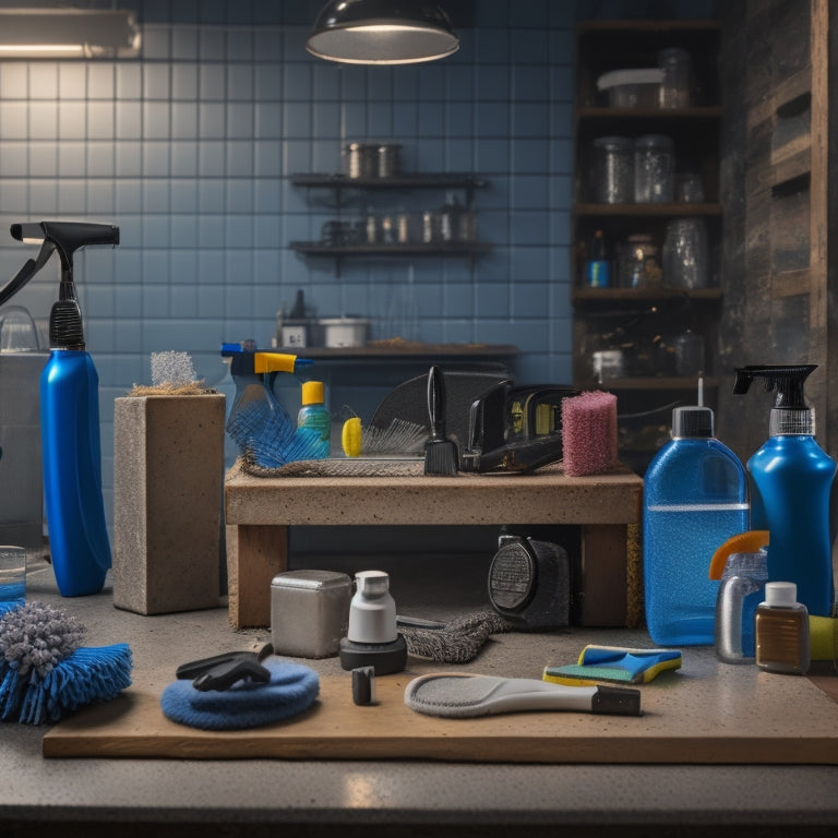 A well-organized workspace with various cleaning tools laid out on a concrete block surface, including a wire brush, pressure washer, and cleaning solution bottles, surrounded by sparkling clean blocks.