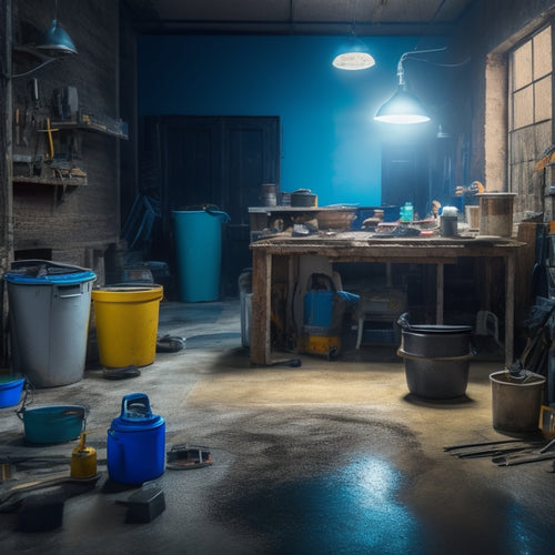 A cluttered workshop with a damaged epoxy concrete floor in the background, surrounded by essential repair tools like mixing buckets, trowels, and epoxy resin kits, with a spotlight shining on a cracked floor area.