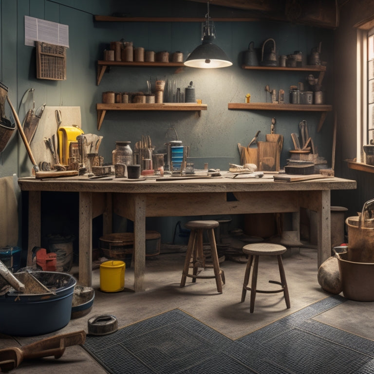 A well-lit, clutter-free workshop with a variety of tools scattered on a workbench, including a mixing bucket, trowel, edger, and stamps, surrounded by samples of decorative concrete flooring with different textures and patterns.